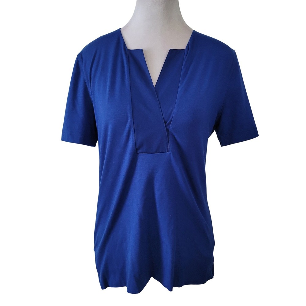 Akris Punto Size 6 Split Neck Top Womens Royal Blue Modal Short Sleeve Blouse